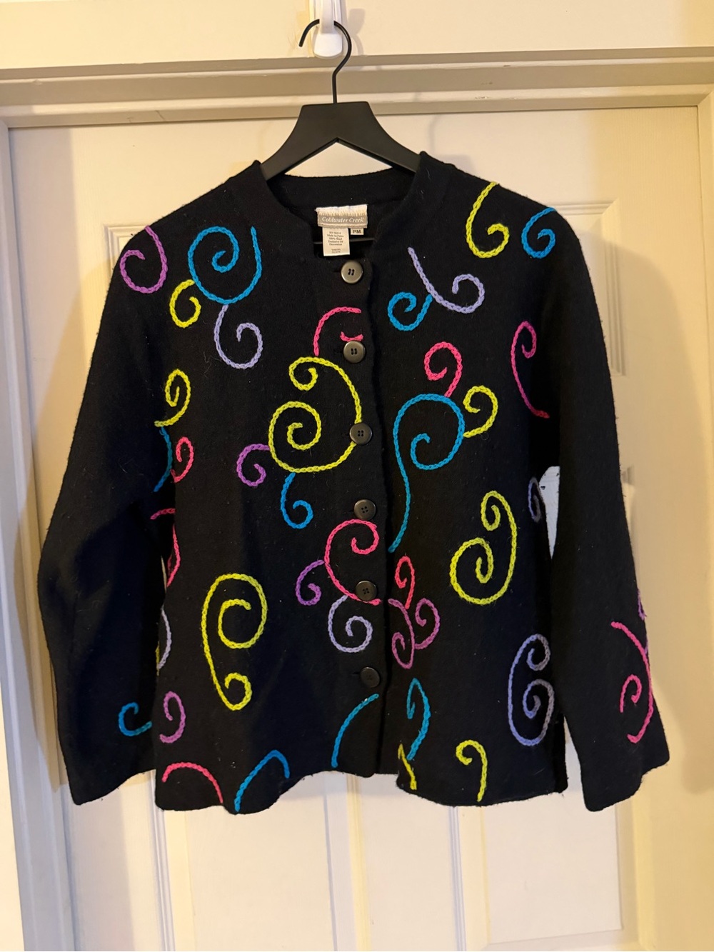 Coldwater Creek Black womens' Button-Front Jacket Bright Swirl Embroidery wool